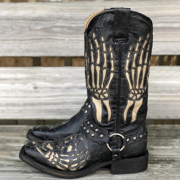 Wildking Herren Westernstiefel mit Totenkopf-Totem & Gürtel-Schnalle – Schwarz
