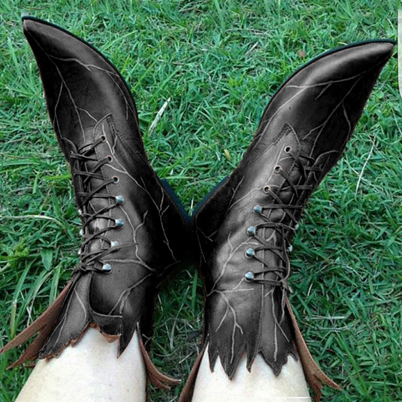 Wildking Retro Gothic Hochzeits-Elfenstiefel – Baumgeist-Blattstiefel 1004