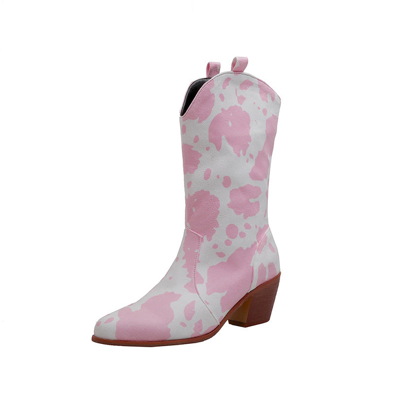 Wildking Damen Stiefel C04 – Blockabsatz & spitze Zehen mit Kuhfell-Muster