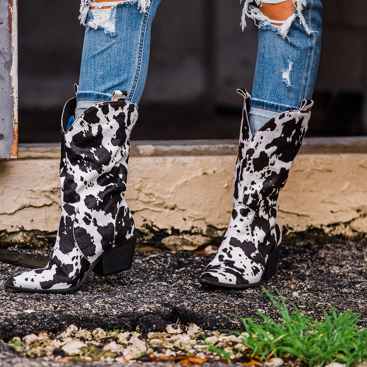 Wildking Damen Stiefel C04 – Blockabsatz & spitze Zehen mit Kuhfell-Muster