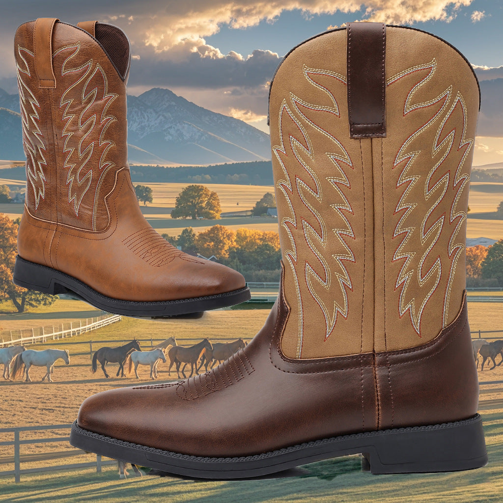 Wildking Herren Leder Bestickte Square Toe Retro Western Cowboy Boots 9701