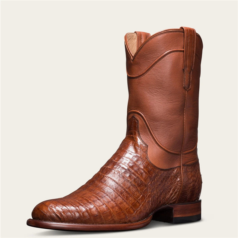 Wildking Herren Mid-Calf Cowboy-Stiefel mit spitzer Zehenpartie und Krokodilprägung