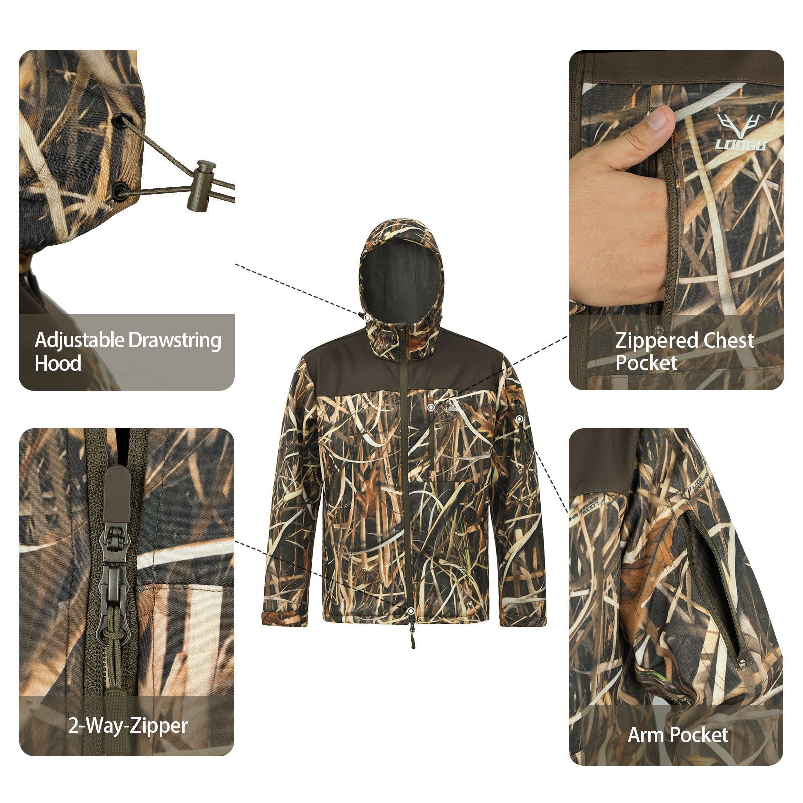 Wildking Herren Camouflage Locker Geschnittene Softshell-Jacke mit Kapuze – Wasserdicht, Antistatisch & Abriebfest – B272