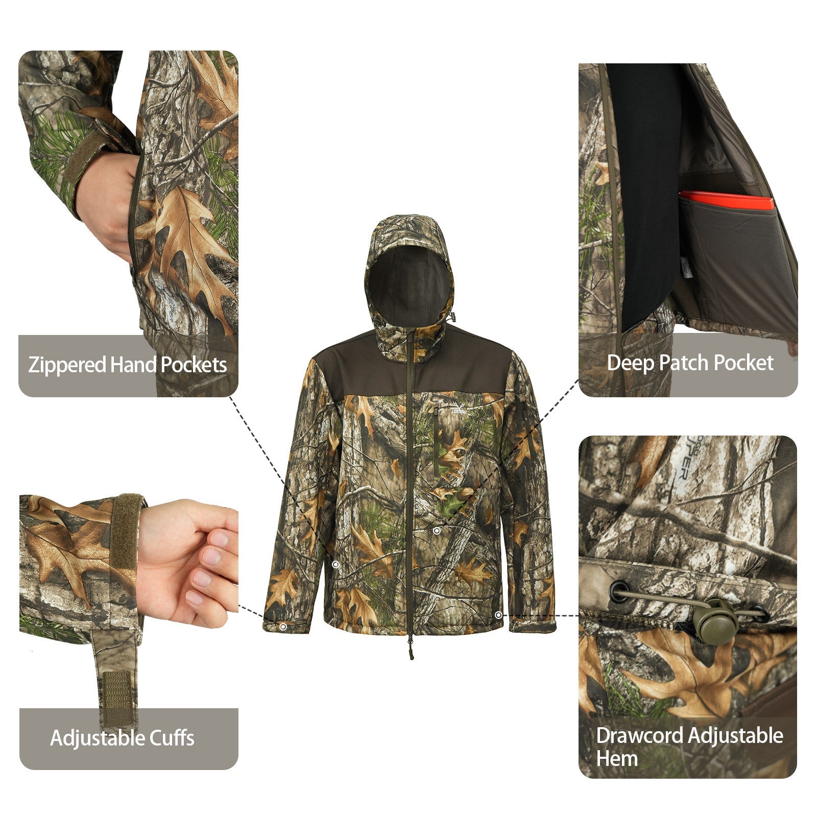 Wildking Herren Camouflage Locker Geschnittene Softshell-Jacke mit Kapuze – Wasserdicht, Antistatisch & Abriebfest – B272