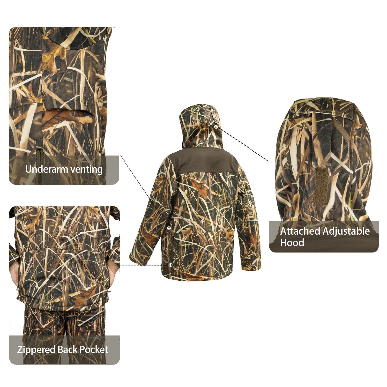 Wildking Herren Camouflage Locker Geschnittene Softshell-Jacke mit Kapuze – Wasserdicht, Antistatisch & Abriebfest – B272