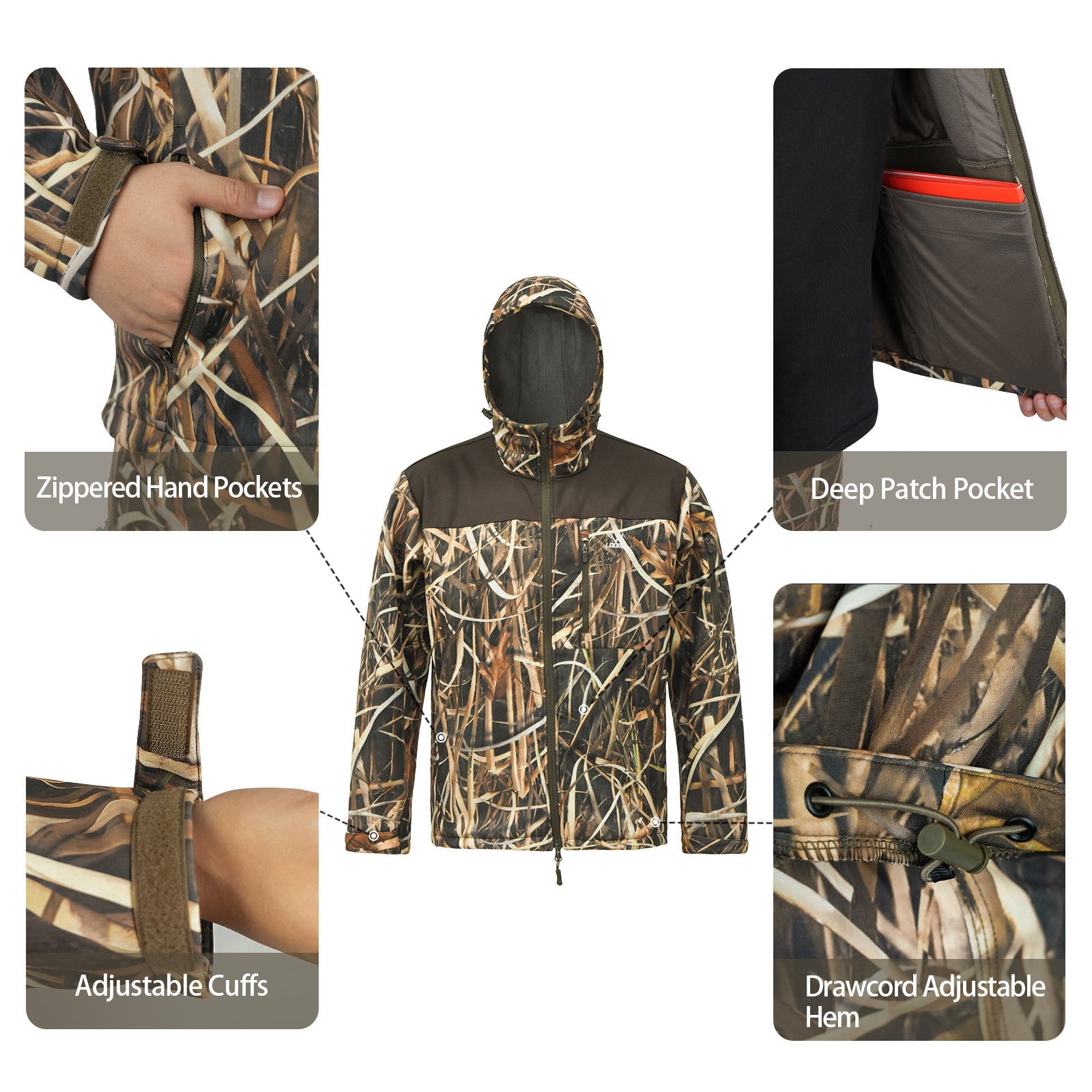 Wildking Herren Camouflage Locker Geschnittene Softshell-Jacke mit Kapuze – Wasserdicht, Antistatisch & Abriebfest – B272