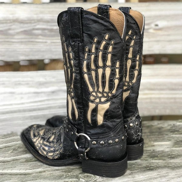 Wildking Herren Westernstiefel mit Totenkopf-Totem & Gürtel-Schnalle – Schwarz