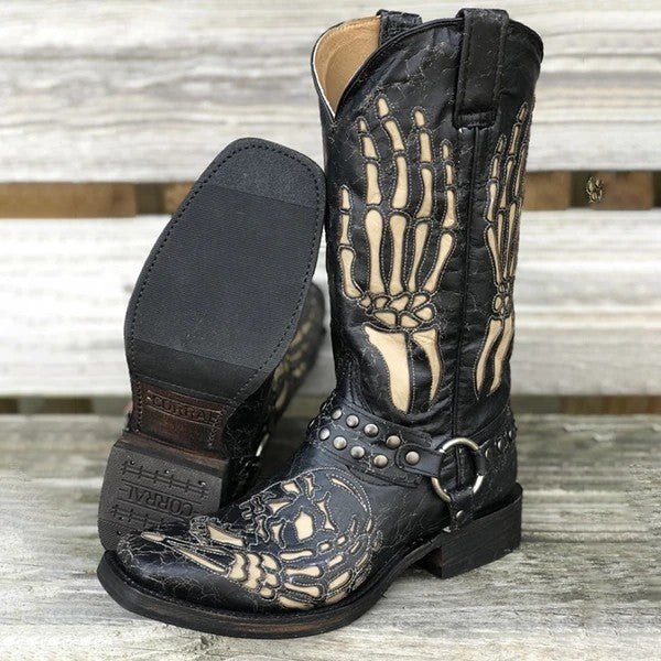 Wildking Herren Westernstiefel mit Totenkopf-Totem & Gürtel-Schnalle – Schwarz
