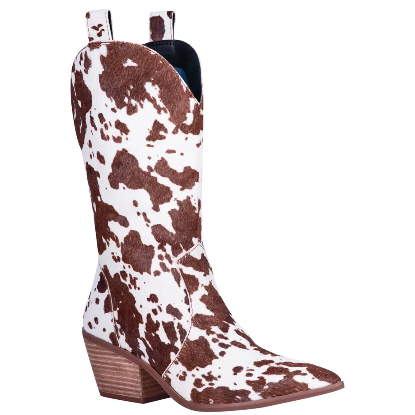 Wildking Damen Stiefel C04 – Blockabsatz & spitze Zehen mit Kuhfell-Muster