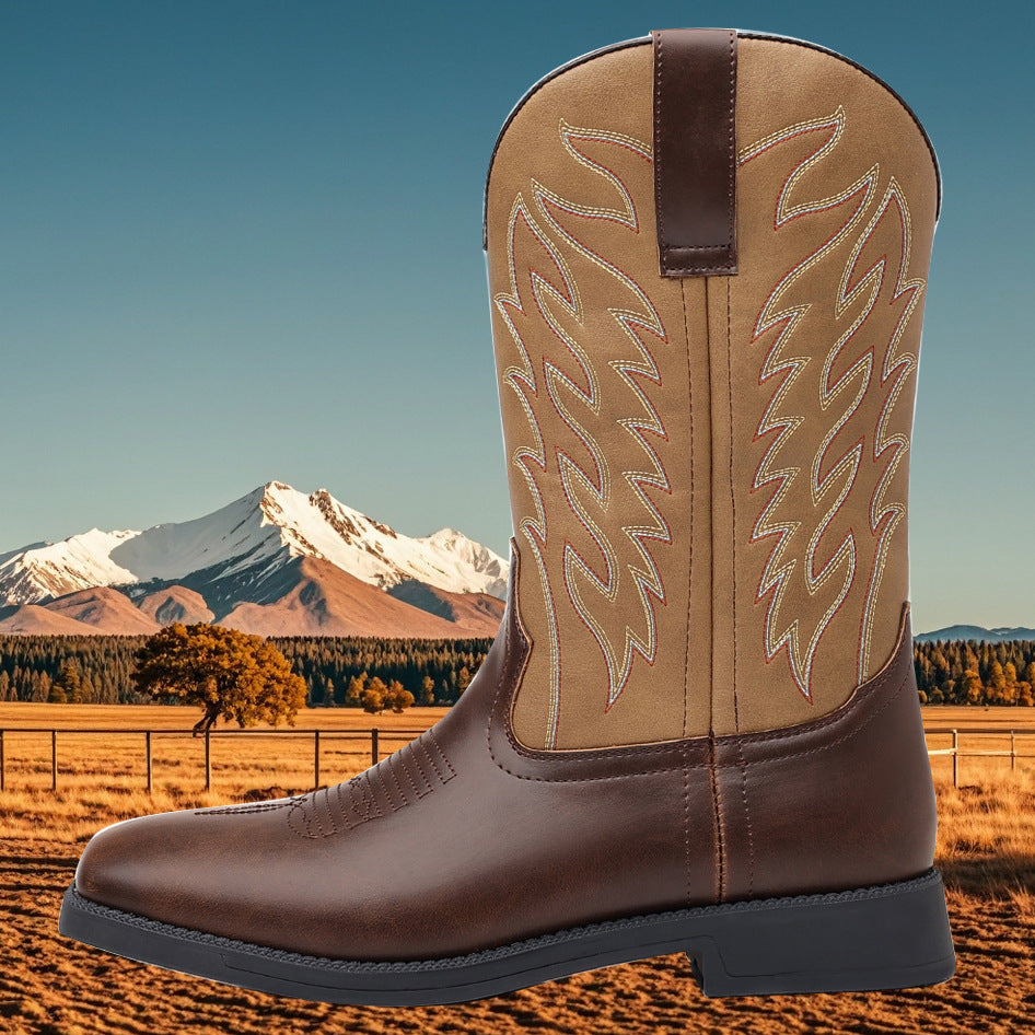 Wildking Herren Leder Bestickte Square Toe Retro Western Cowboy Boots 9701