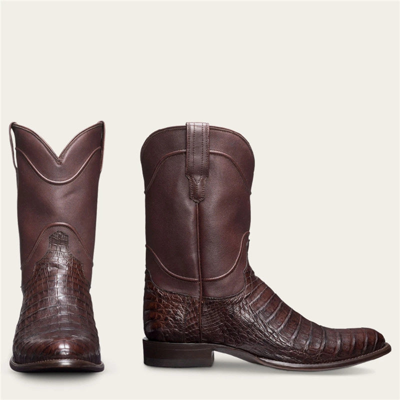Wildking Herren Mid-Calf Cowboy-Stiefel mit spitzer Zehenpartie und Krokodilprägung